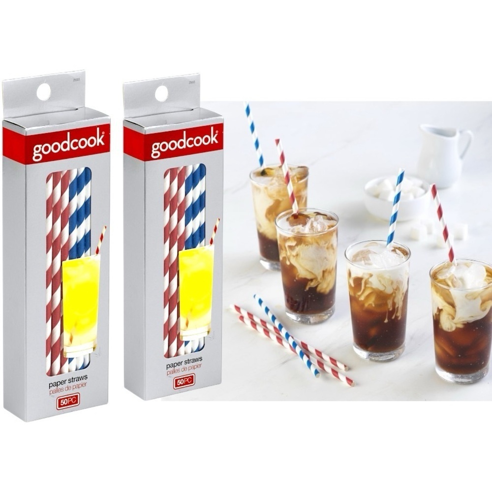 Good Cook Paper Straws 9 inch Eco Friendly 2 Boxes Red Blue 100 Single Straws